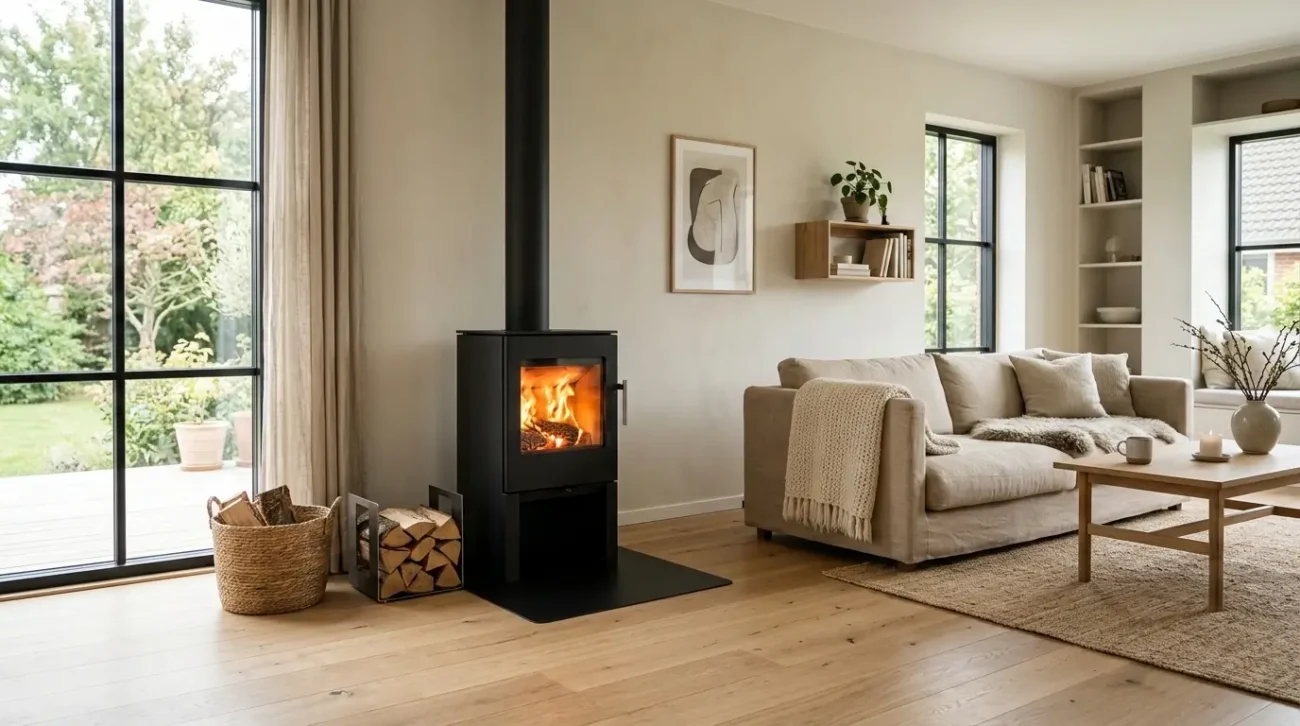Moderne brændeovn i skandinavisk stue – pris og installation