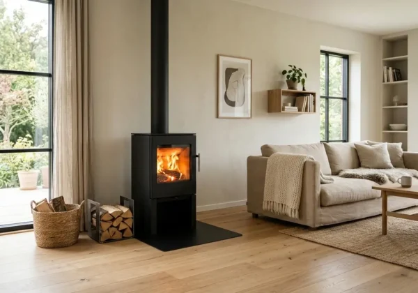 Moderne brændeovn i skandinavisk stue – pris og installation