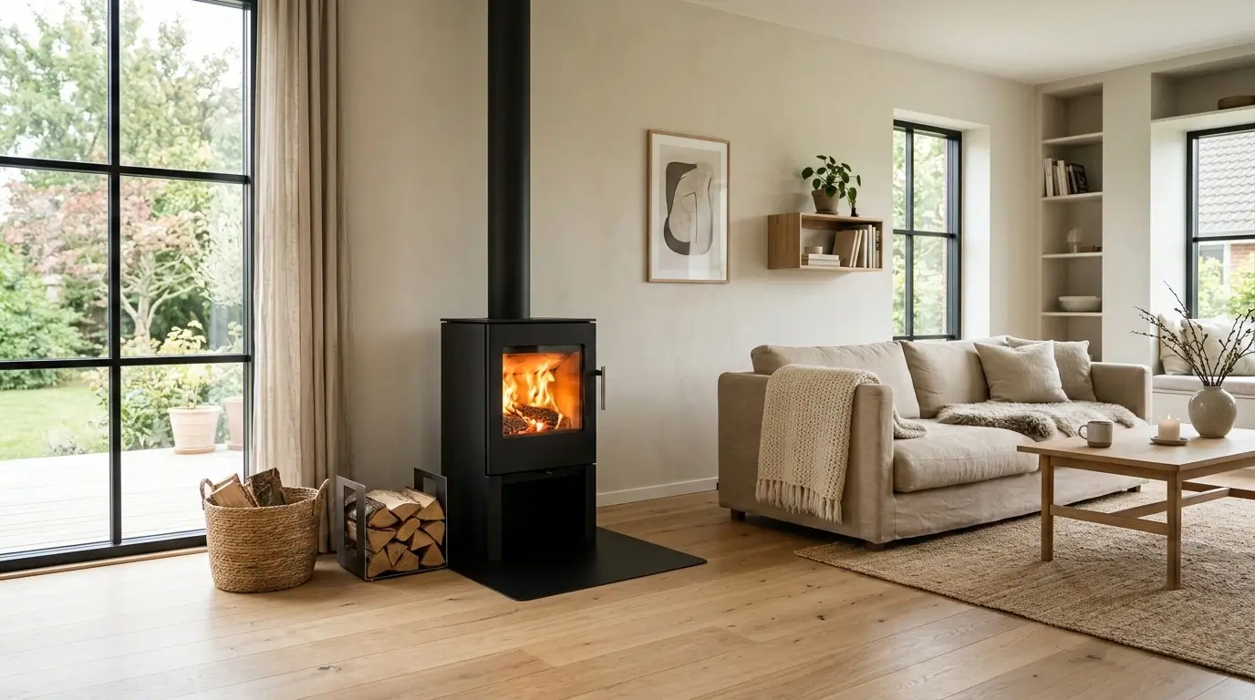 Moderne brændeovn i skandinavisk stue – pris og installation